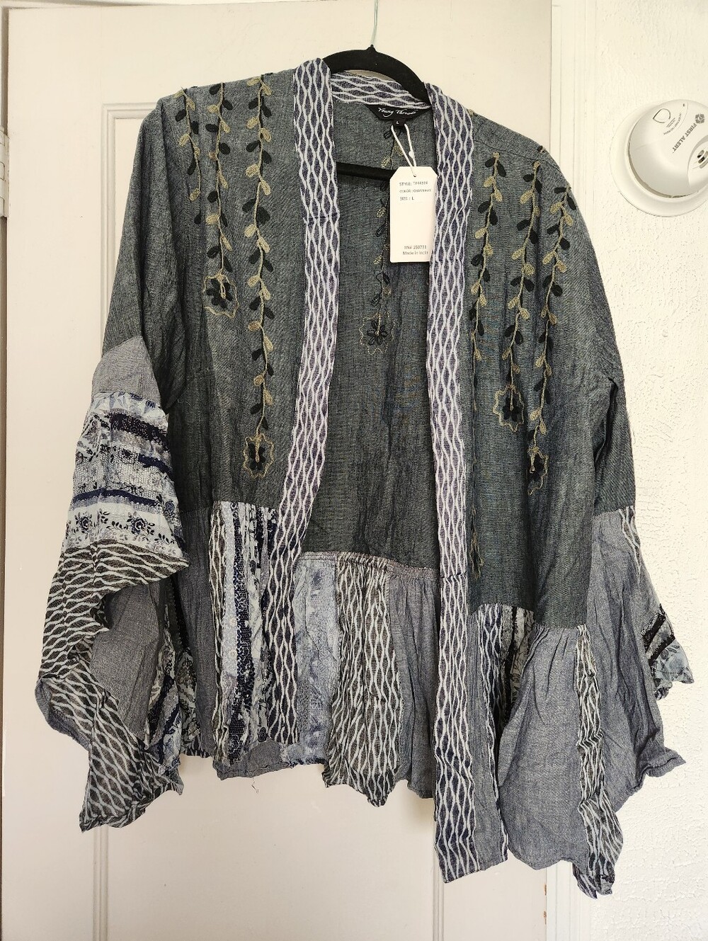 Young Threads Gray Denim Embroidered Patchwork Kimono Jacket